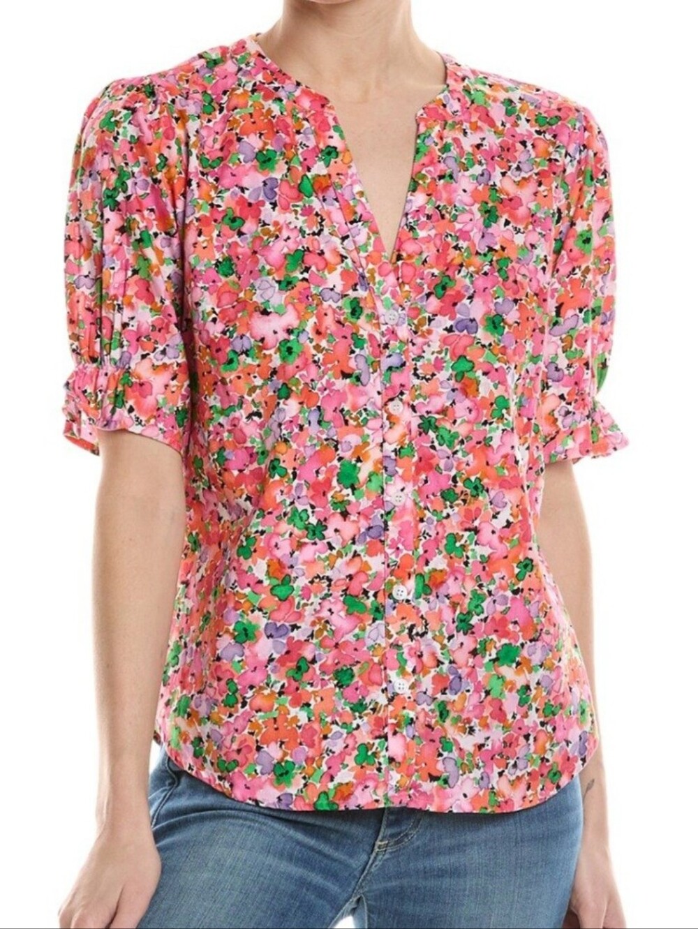 Michael STARS Roxanne Floral V- Neck Button Down Short Sleeve Top - Pink Multi